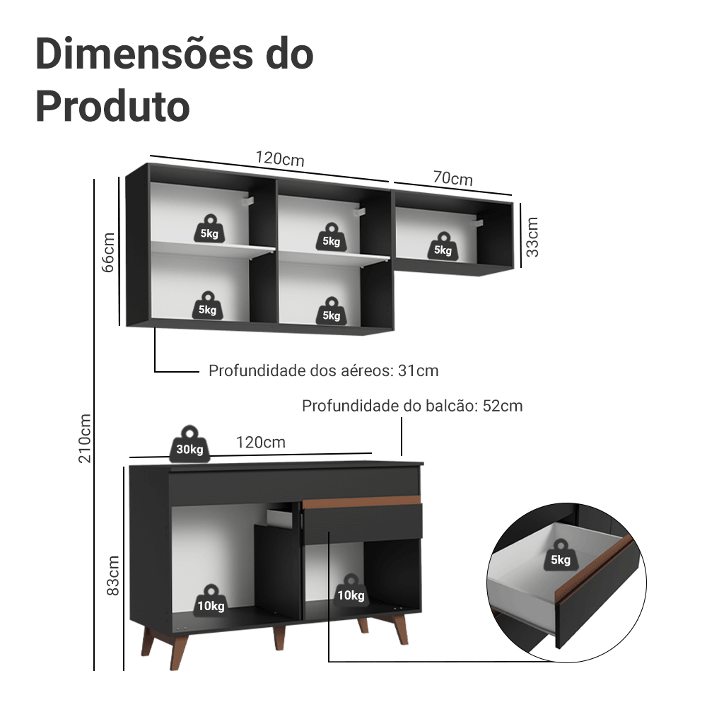 Armário de Cozinha Compacta 190cm Preto Reims Madesa 04