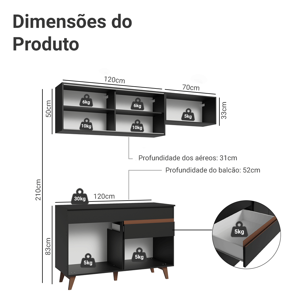 Armário de Cozinha Compacta 190cm Preto Reims Madesa 05