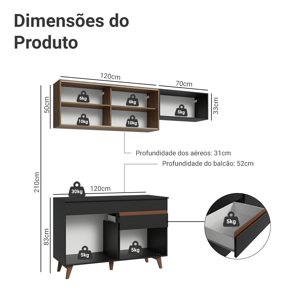 Armário de Cozinha Compacta 190cm Preto/Rustic Reims Madesa 05