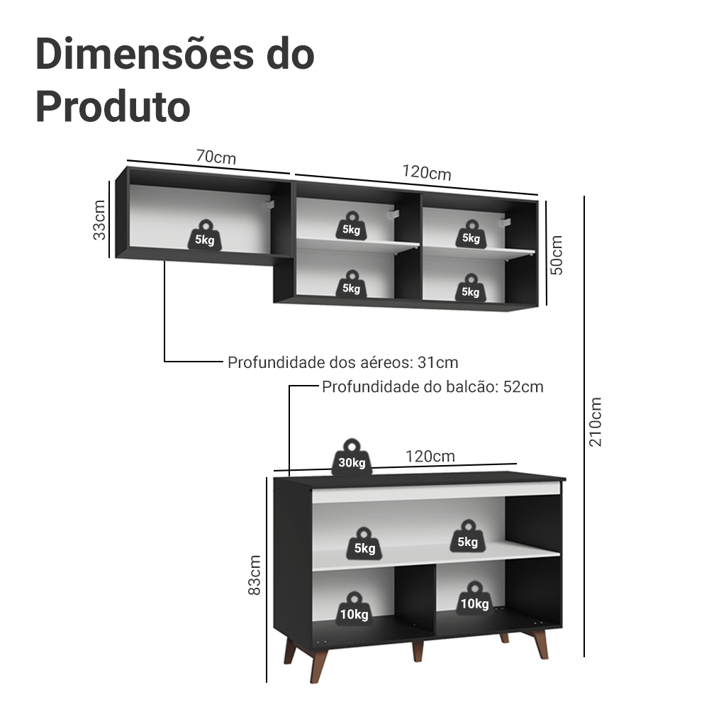 Armário de Cozinha Compacta 190cm Preto Reims Madesa 08