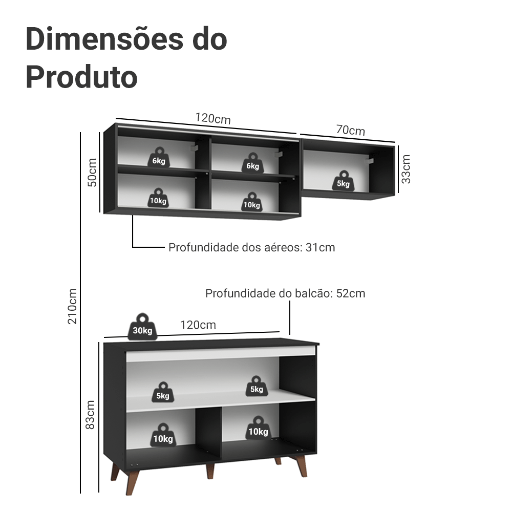 Armário de Cozinha Compacta 190cm Preto Reims Madesa 09