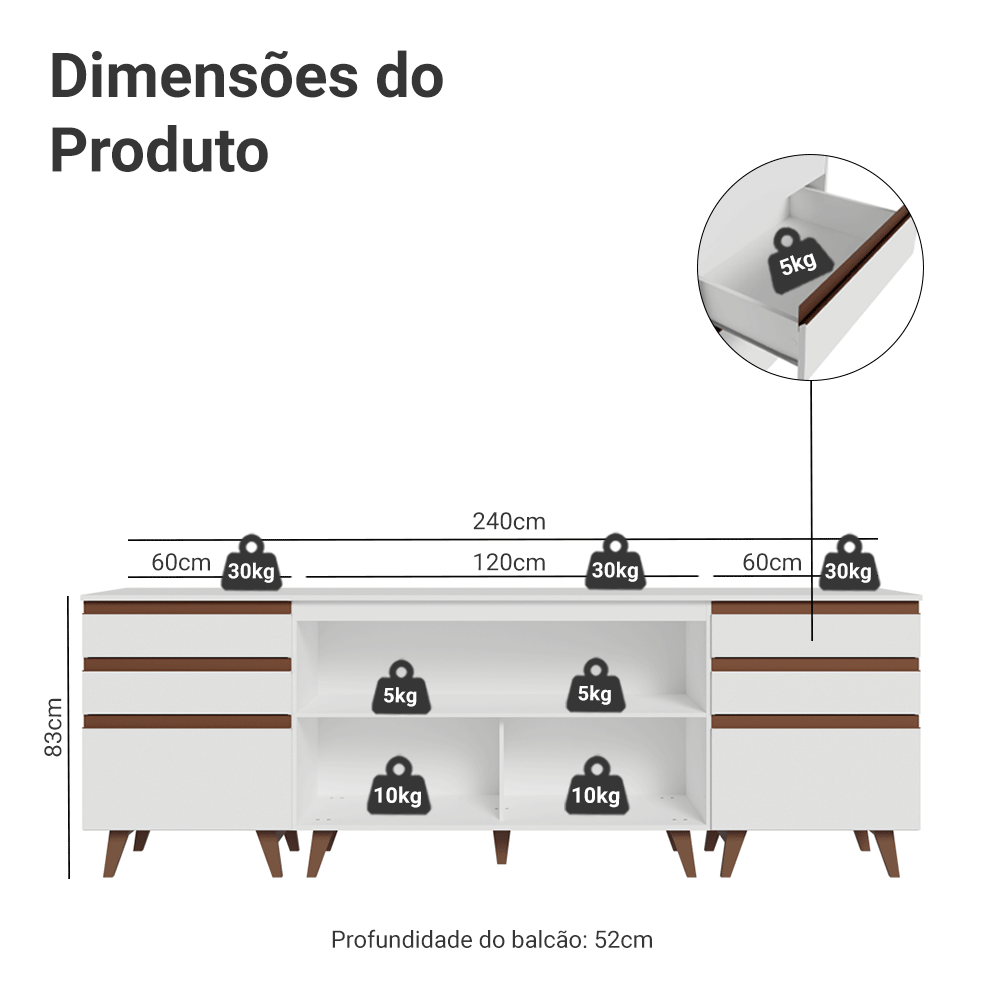 Kit com Três Balcões de Cozinha 2 Portas 6 Gavetas (com tampo) Branco Reims Madesa