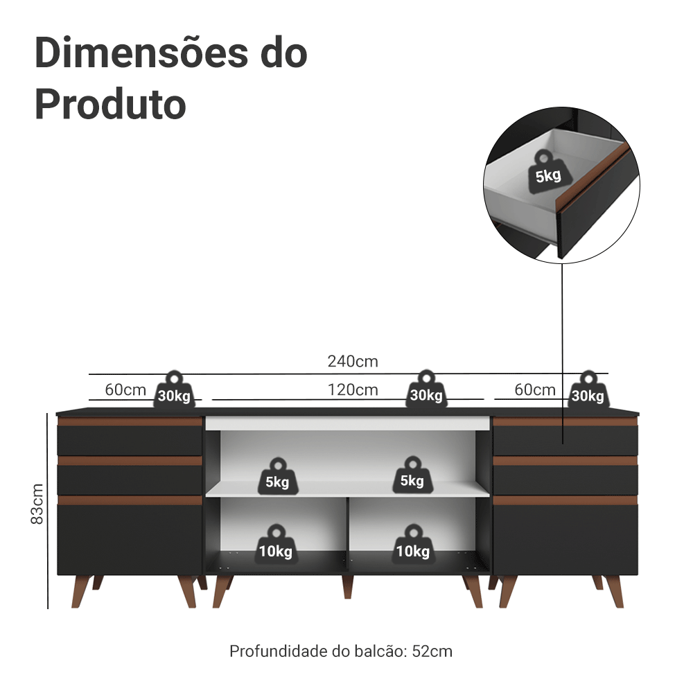 Kit com Três Balcões de Cozinha 2 Portas 6 Gavetas (com tampo) Preto Reims Madesa