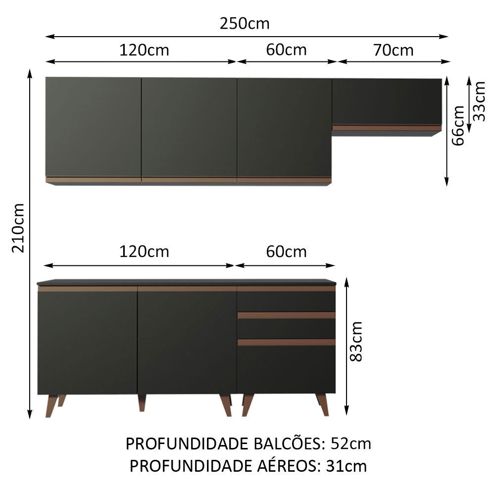 Armário de Cozinha Completa 250cm Preto Reims Madesa 02