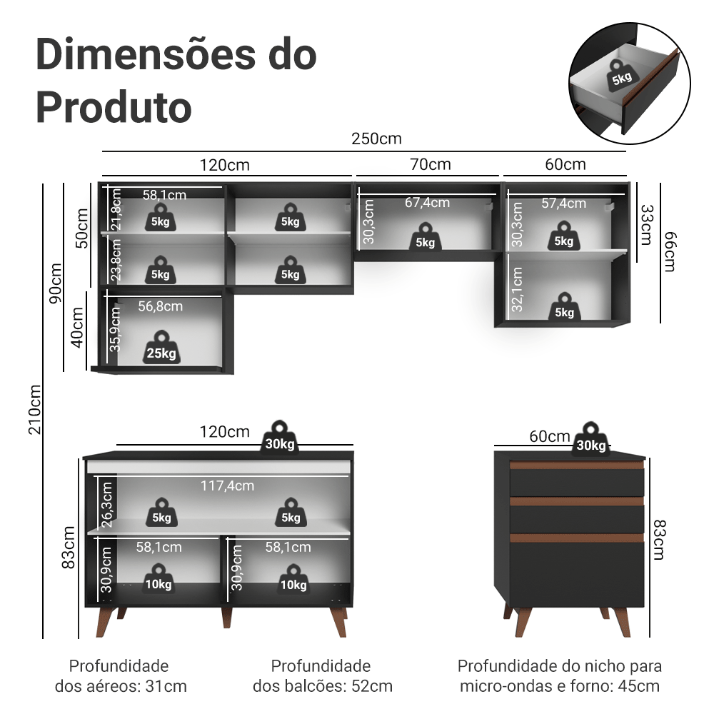 Armário de Cozinha Completa 250cm Preto Reims Madesa 09
