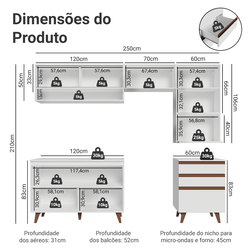 Armário de Cozinha Completa 250cm Branco Reims Madesa 10