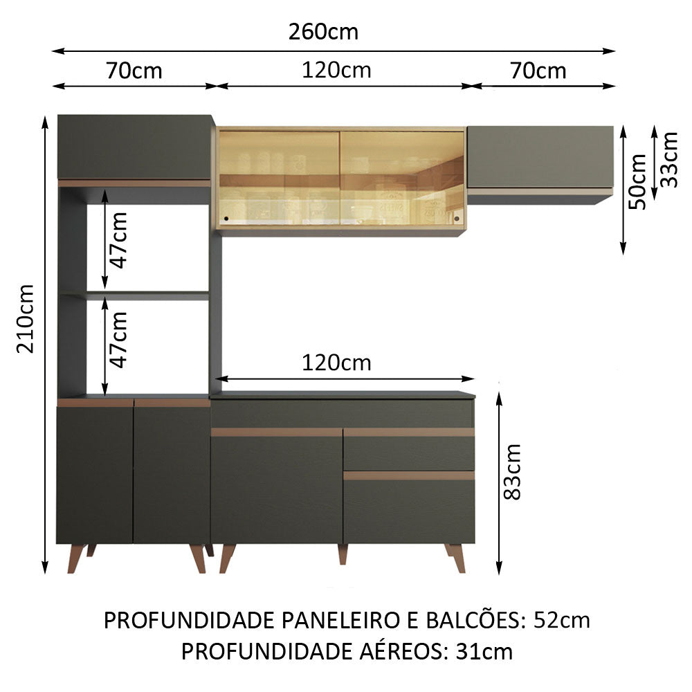 Armário de Cozinha Completa 260cm Preto/Rustic Reims Madesa 01