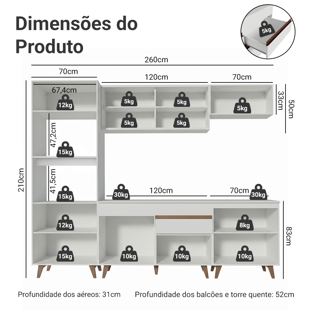 Armário de Cozinha Completa 260cm Branco Reims Madesa 02
