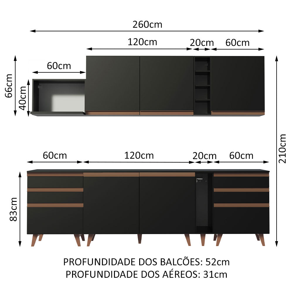 Armário de Cozinha Completa 260cm Preto Reims Madesa 06