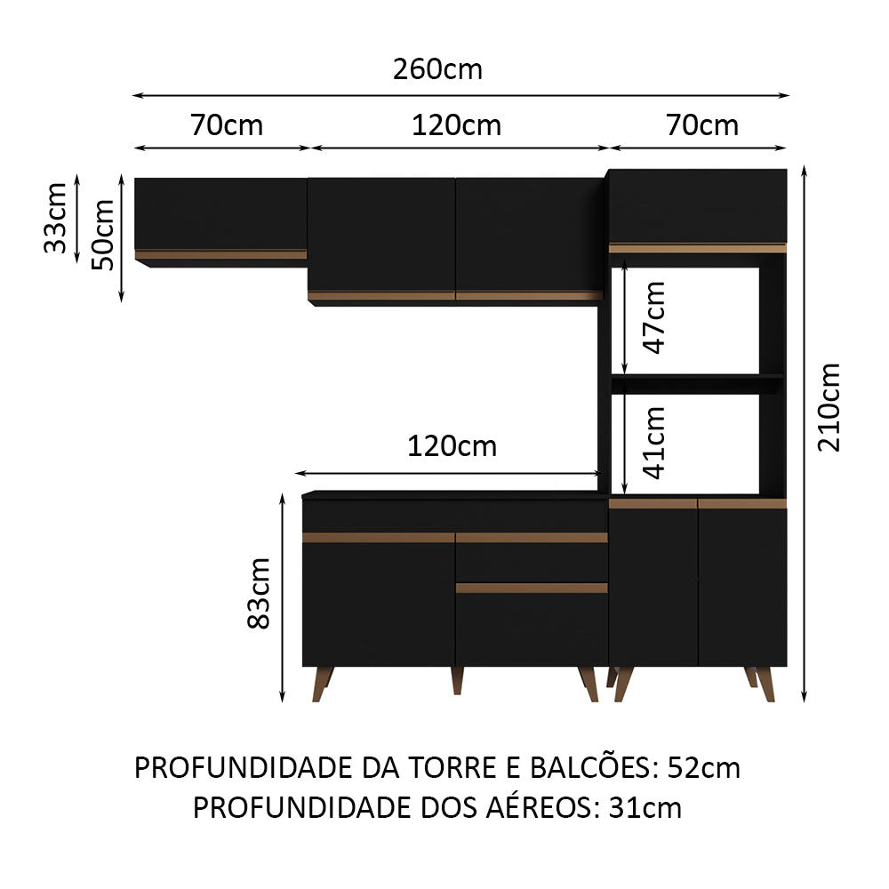 Armário de Cozinha Completa 260cm Preto Reims Madesa 08