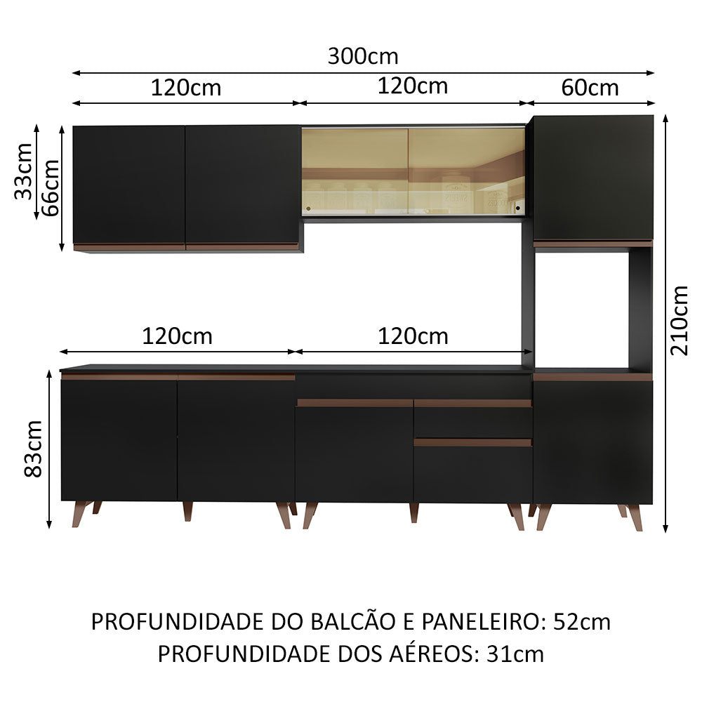 Armário de Cozinha Completa 300cm Preto Reims Madesa 01