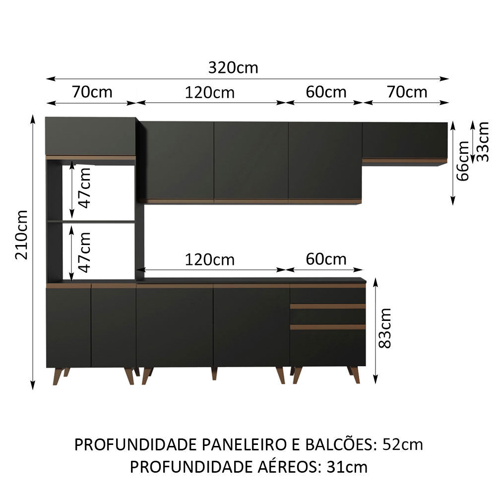 Armário de Cozinha Completa 320cm Preto Reims Madesa 01