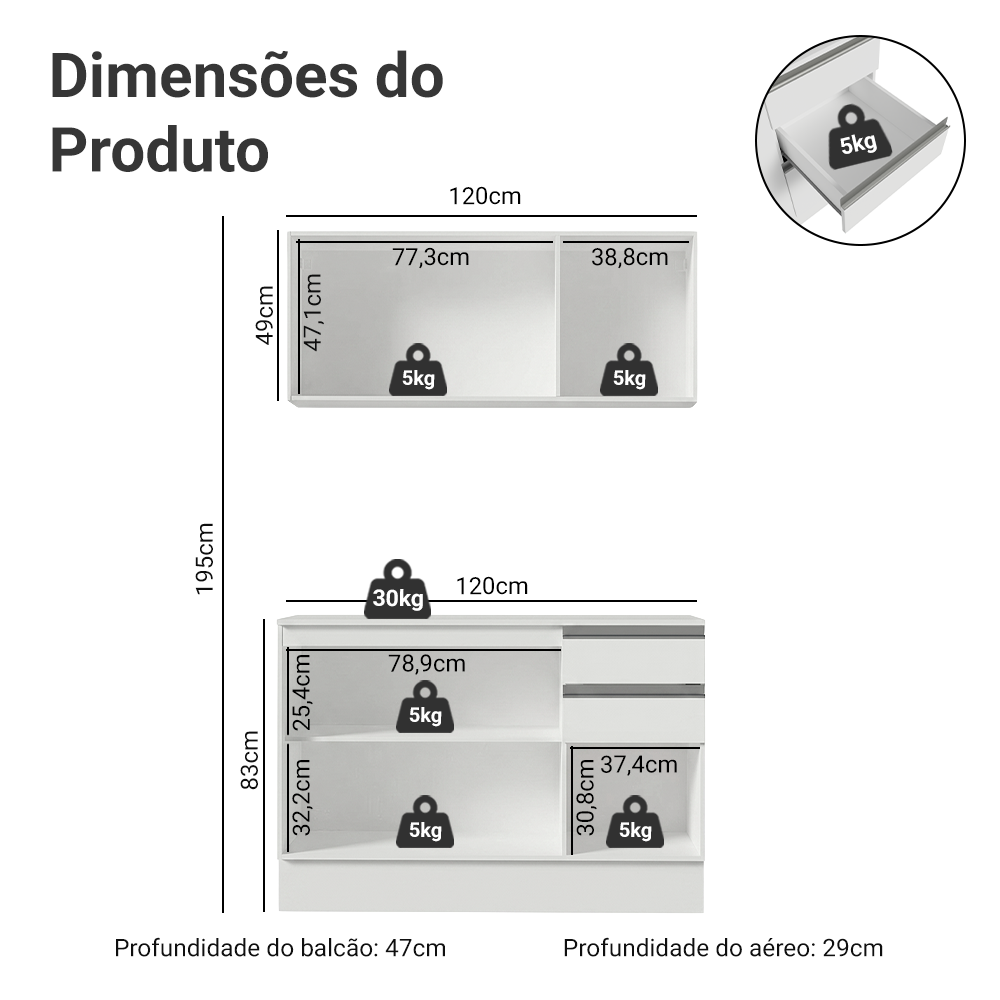 Armário de Cozinha Compacta 100% MDF 120 cm Branco Smart Madesa 01