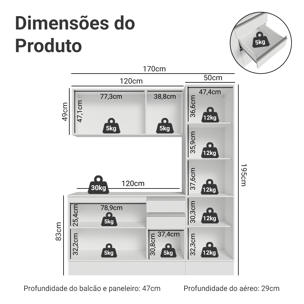 Armário de Cozinha Compacta 100% MDF 170 cm Branco Smart Madesa 02