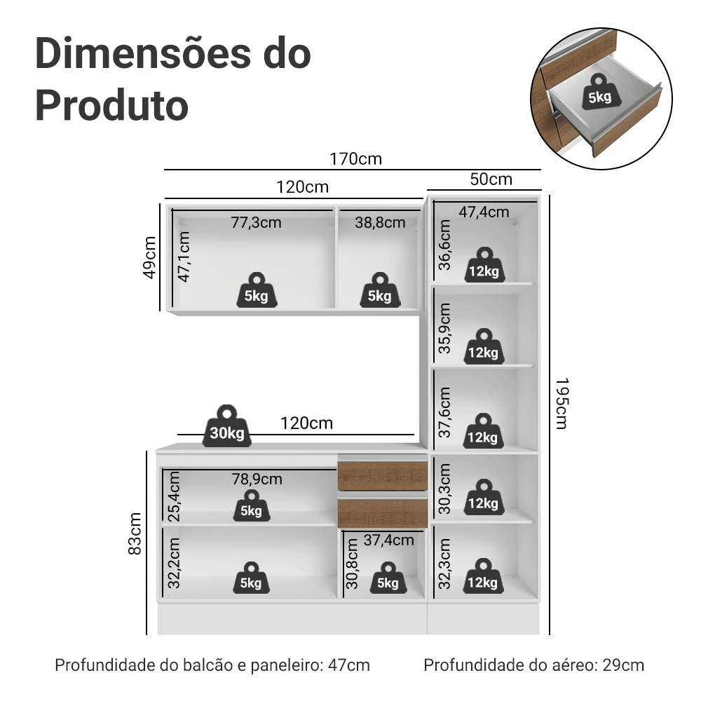 Armário de Cozinha Compacta 100% MDF 170 cm Branco/Rustic/Crema Smart Madesa 02