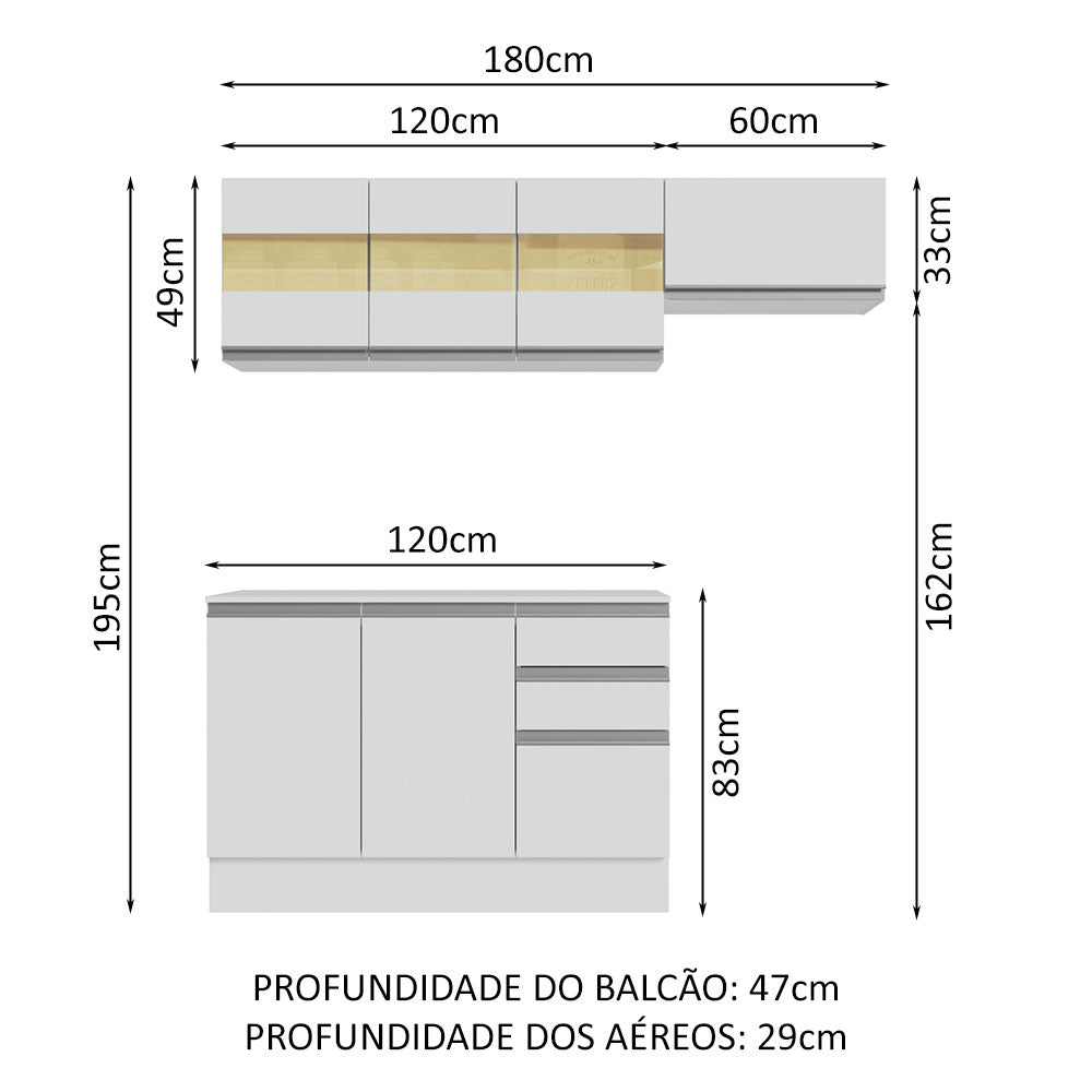 Armário de Cozinha Compacta 100% MDF 180cm Branco Smart Madesa 02