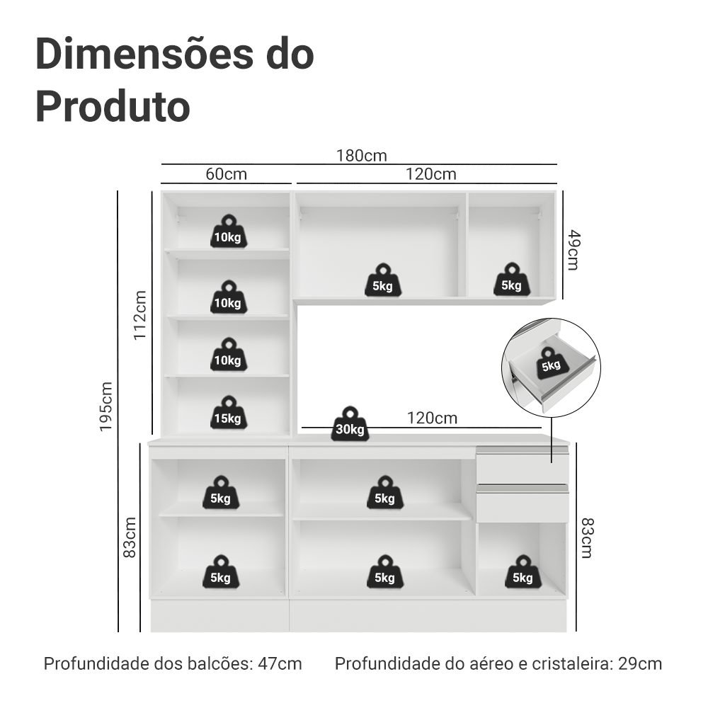 Armário de Cozinha Compacta 100% MDF 180 cm Branco Smart Madesa 03