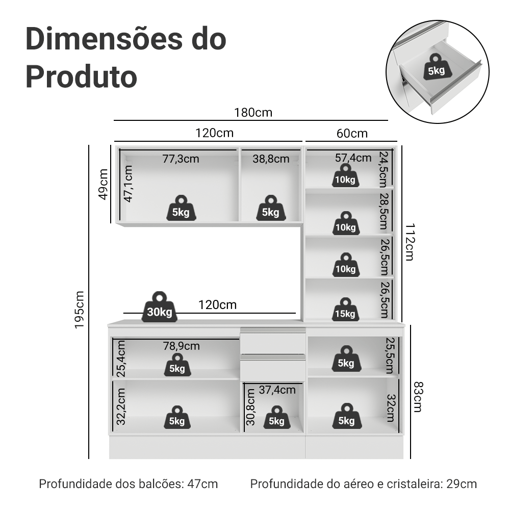 Armário de Cozinha Compacta 100% MDF 180 cm Branco Smart Madesa 04