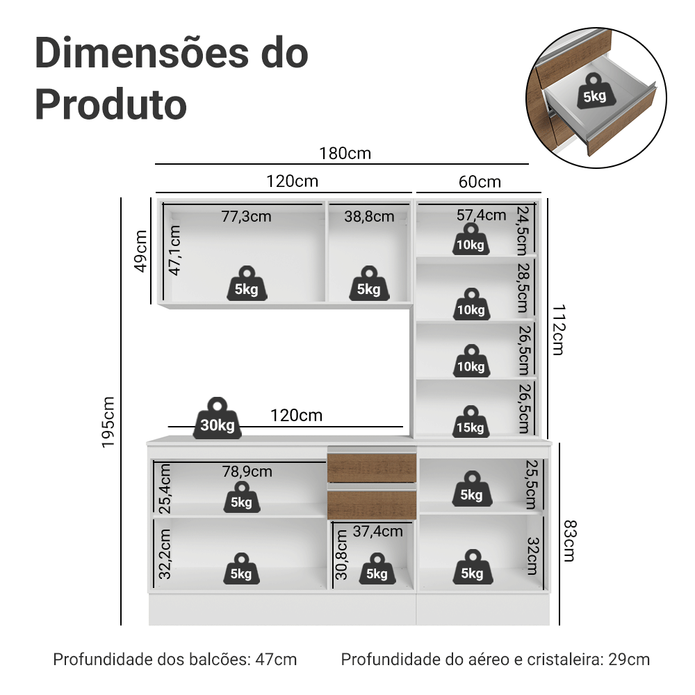 Armário de Cozinha Compacta 100% MDF 180 cm Branco/Rustic/Crema Smart Madesa 04