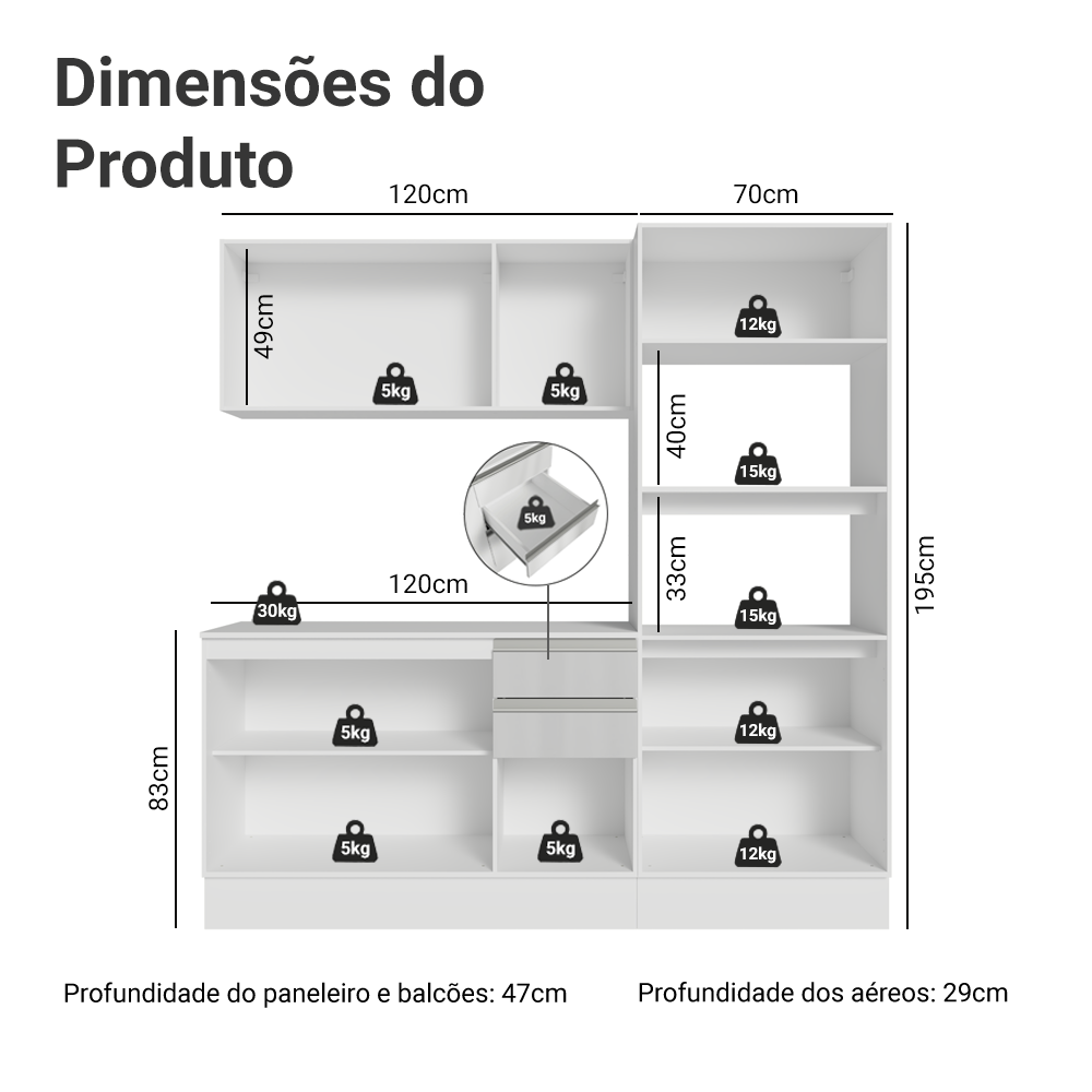 Armário de Cozinha Completa 100% MDF 190cm Smart Branco Brilhante Madesa 01
