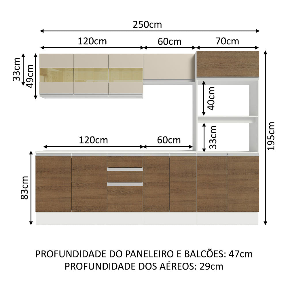 Armário de Cozinha Completa 100% MDF 250 cm Branco/Rustic/Crema Smart Madesa 02