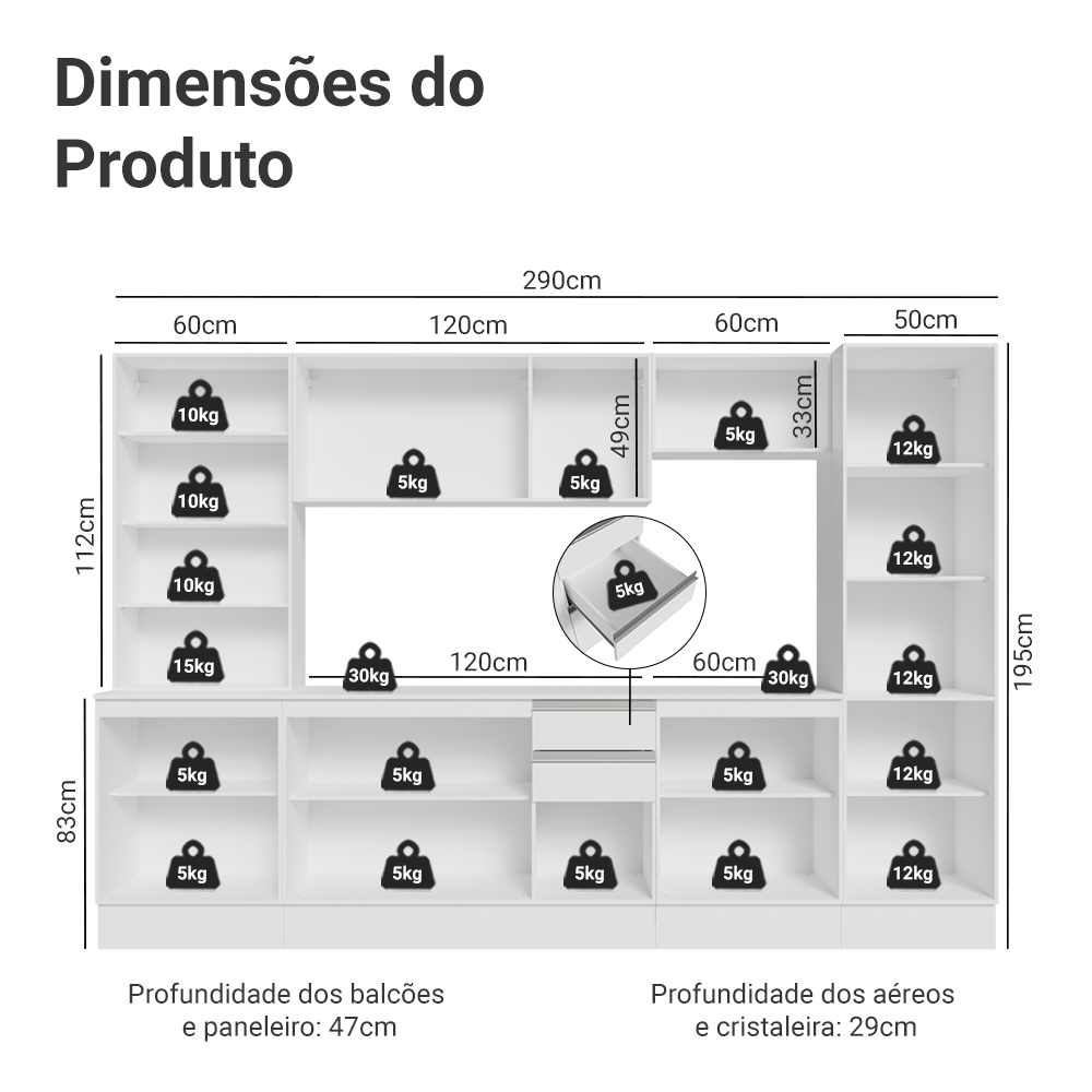 Armário de Cozinha Completa 100% MDF 290 cm Branco Smart Madesa 01
