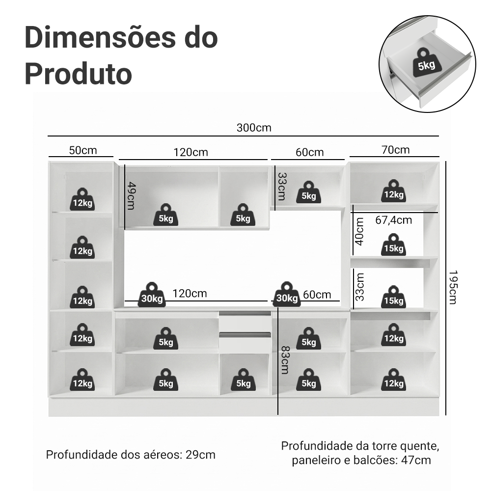Armário de Cozinha Completa 100% MDF 300 cm Frentes Branco Smart Madesa 01