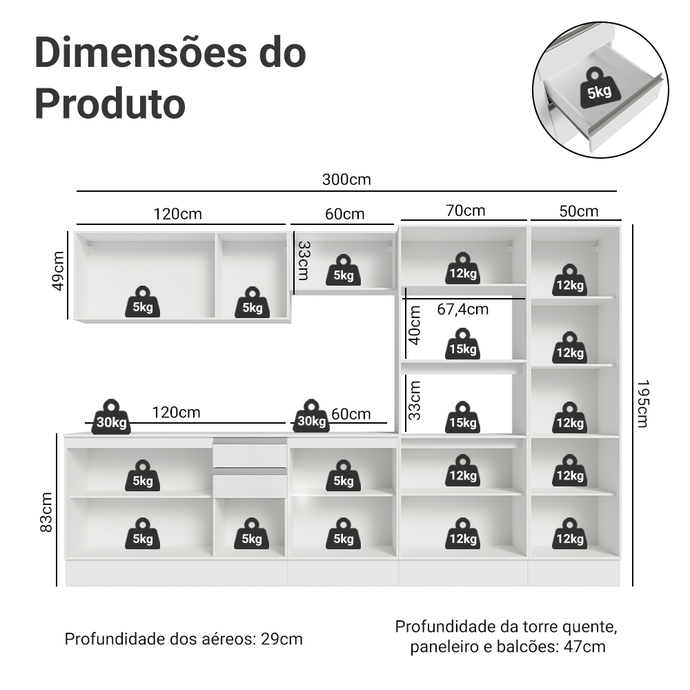 Armário de Cozinha Completa 100% MDF 300cm Branco Smart Madesa 02