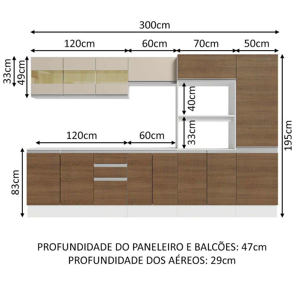 Armário de Cozinha Completa 100% MDF 300cm Branco/Rustic/Crema Smart Madesa 02