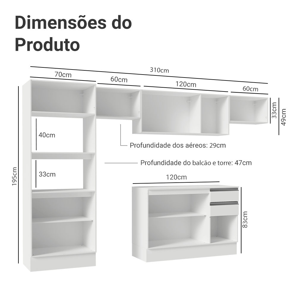 Armário de Cozinha Completa 100% MDF 310 cm Branco Smart 01