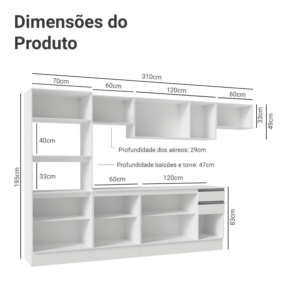 Armário de Cozinha Completa 100% MDF 310 cm Branco Smart 02