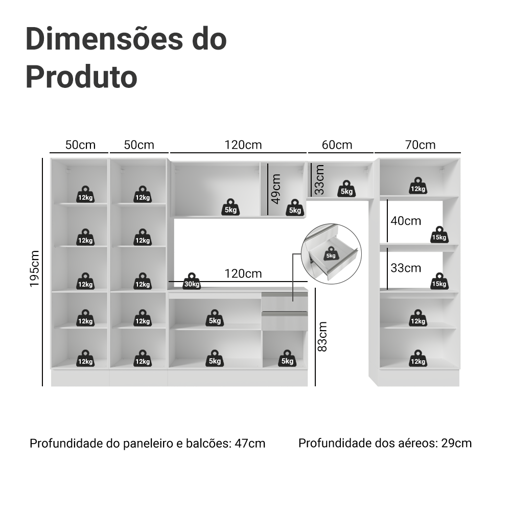 Armário de Cozinha Completa 100% MDF 350cm Smart Branco Brilhante Madesa 01