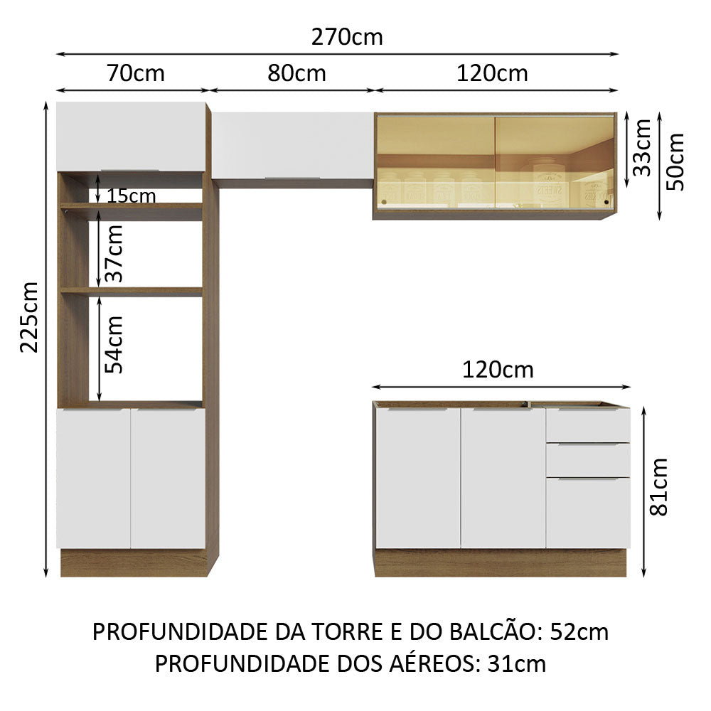 Armário de Cozinha Completa 270cm Rustic/Branco Stella Madesa 06