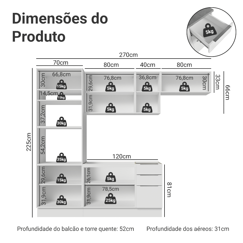 Armário de Cozinha Completa 270 cm Branco Stella Madesa 12