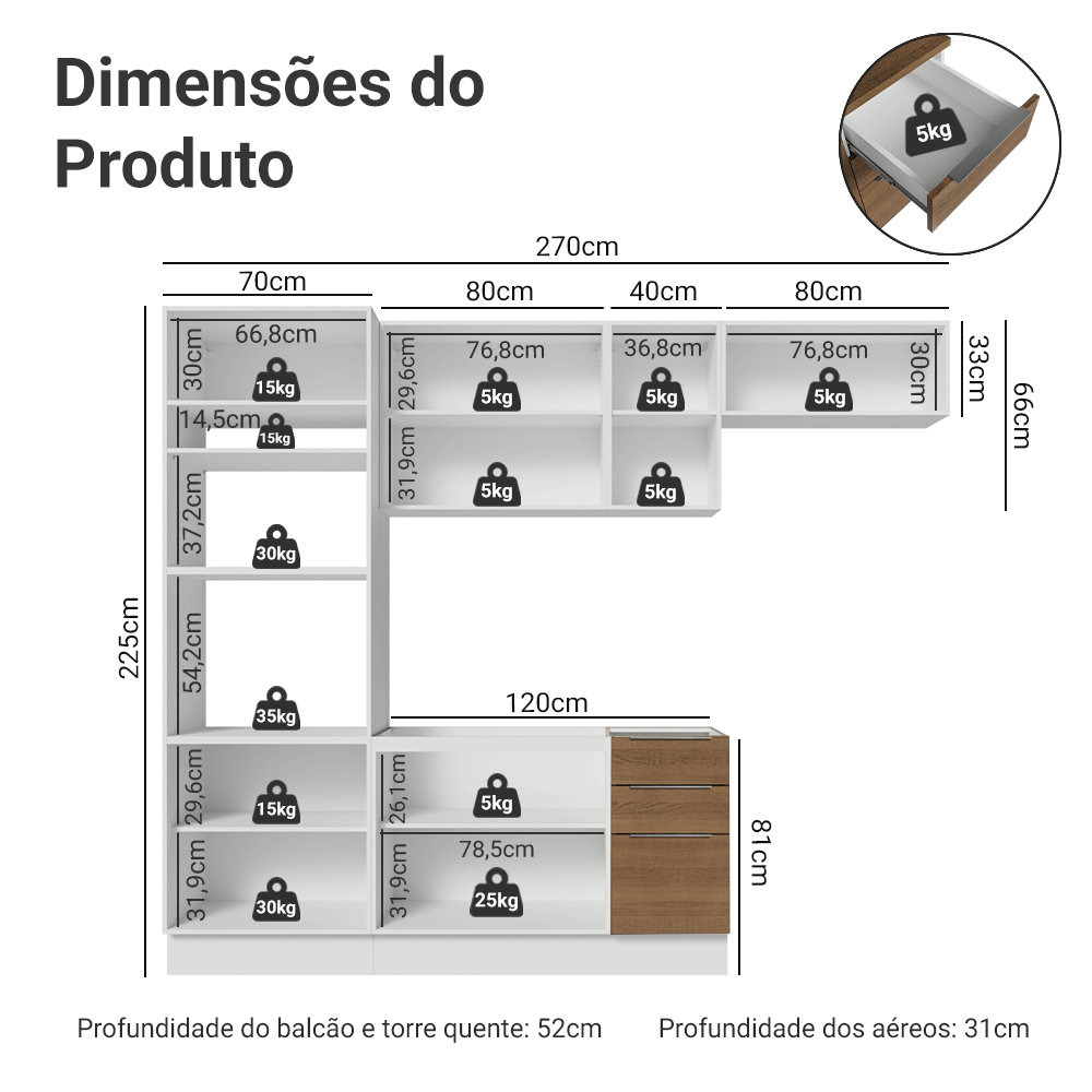 Armário de Cozinha Completa 270 cm Branco/Rustic Stella Madesa 12