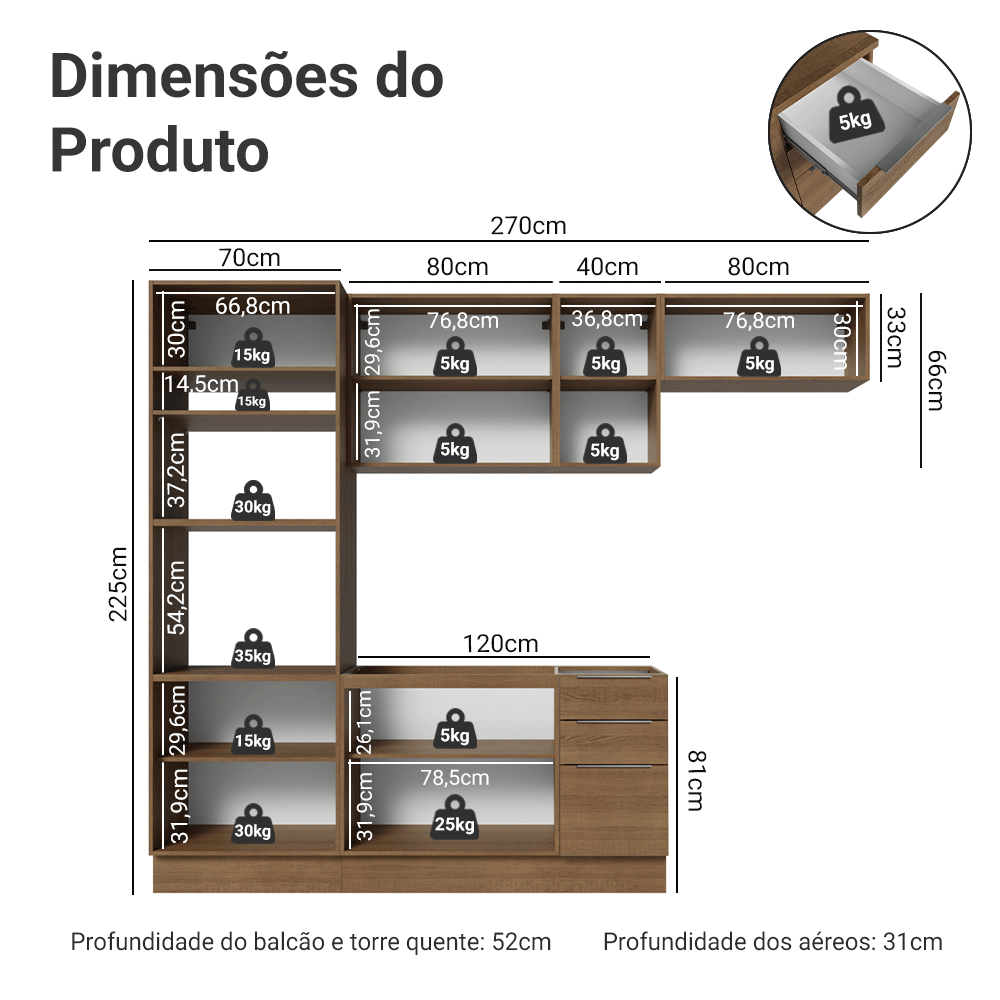 Armário de Cozinha Completa 270 cm Rustic Stella Madesa 12