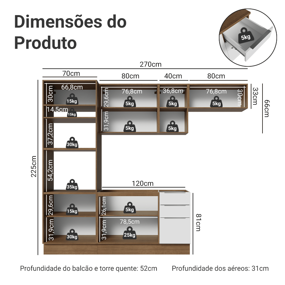 Armário de Cozinha Completa 270 cm Rustic/Branco Stella Madesa 12