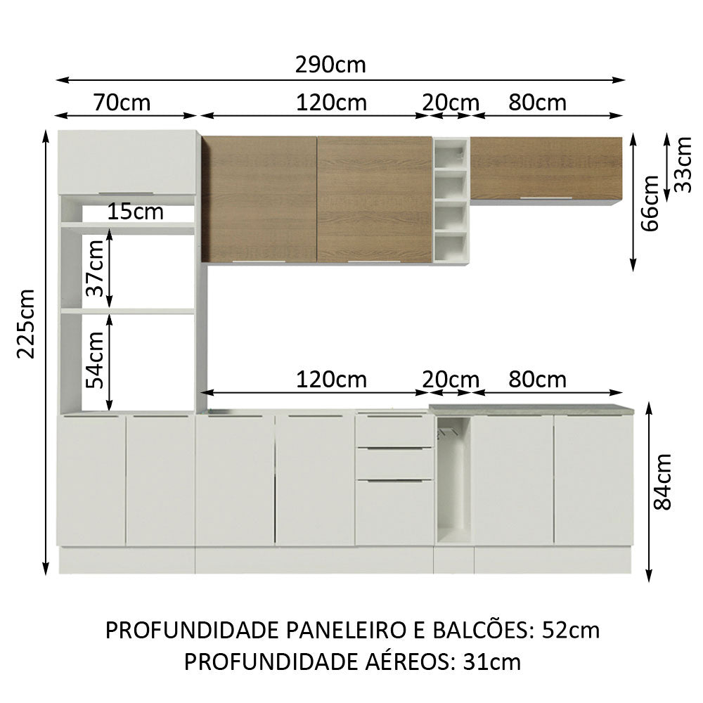 Armário de Cozinha Completa 290cm Branco/Branco/Rustic Stella Madesa 01