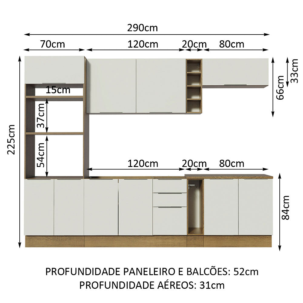 Armário de Cozinha Completa 290cm Rustic/Branco Stella Madesa 01