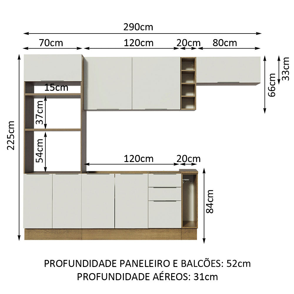 Armário de Cozinha Completa Stella 290cm Rustic/Branco Stella