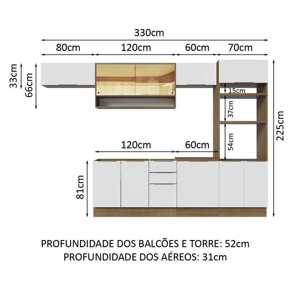 Armário de Cozinha Completa 330cm Rustic/Branco Stella Madesa 06