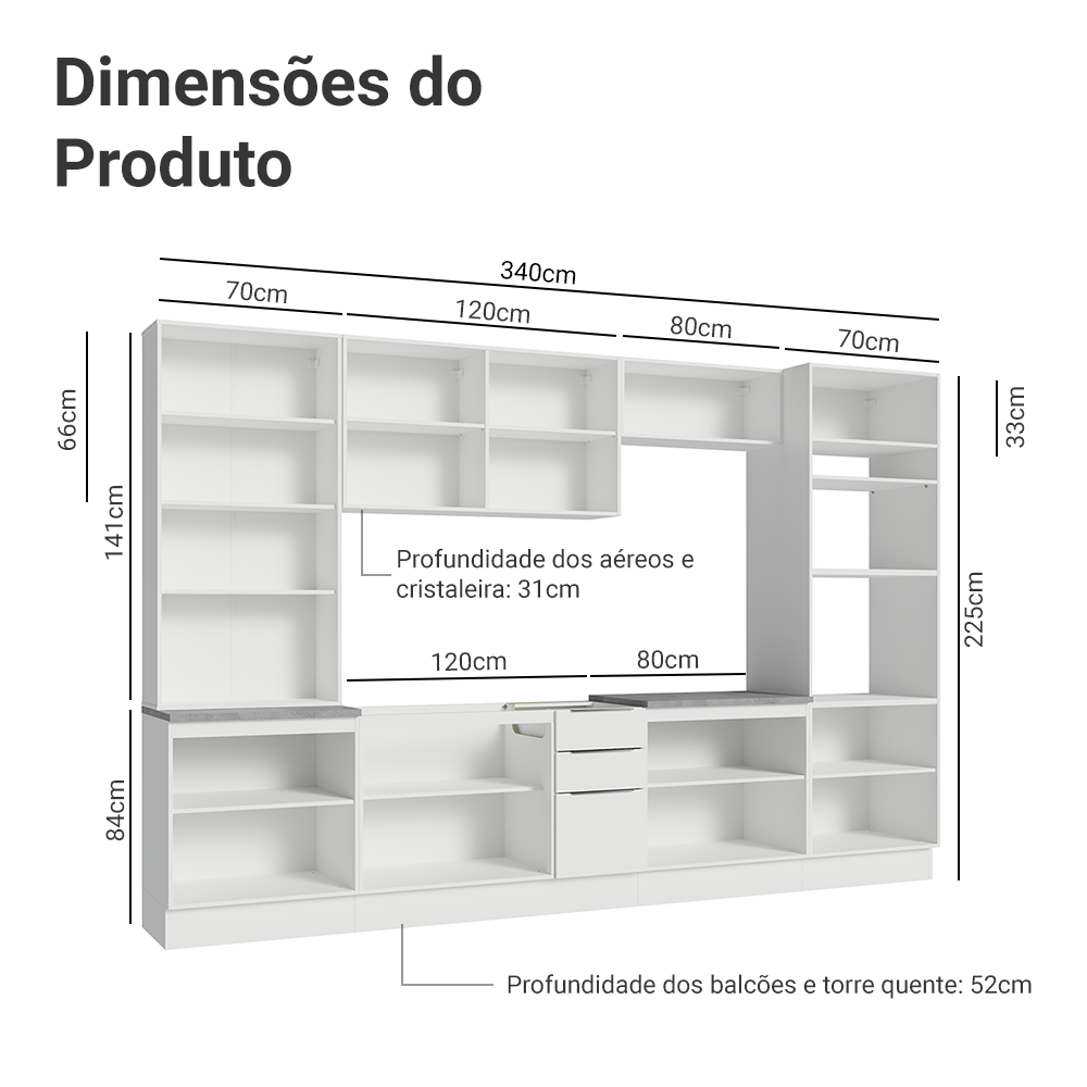 Armário de Cozinha Completa 340cm Branco Stella Madesa 01