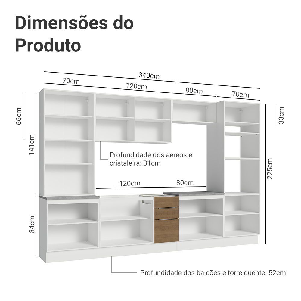 Armário de Cozinha Completa 340cm Branco/Rustic Stella Madesa 01