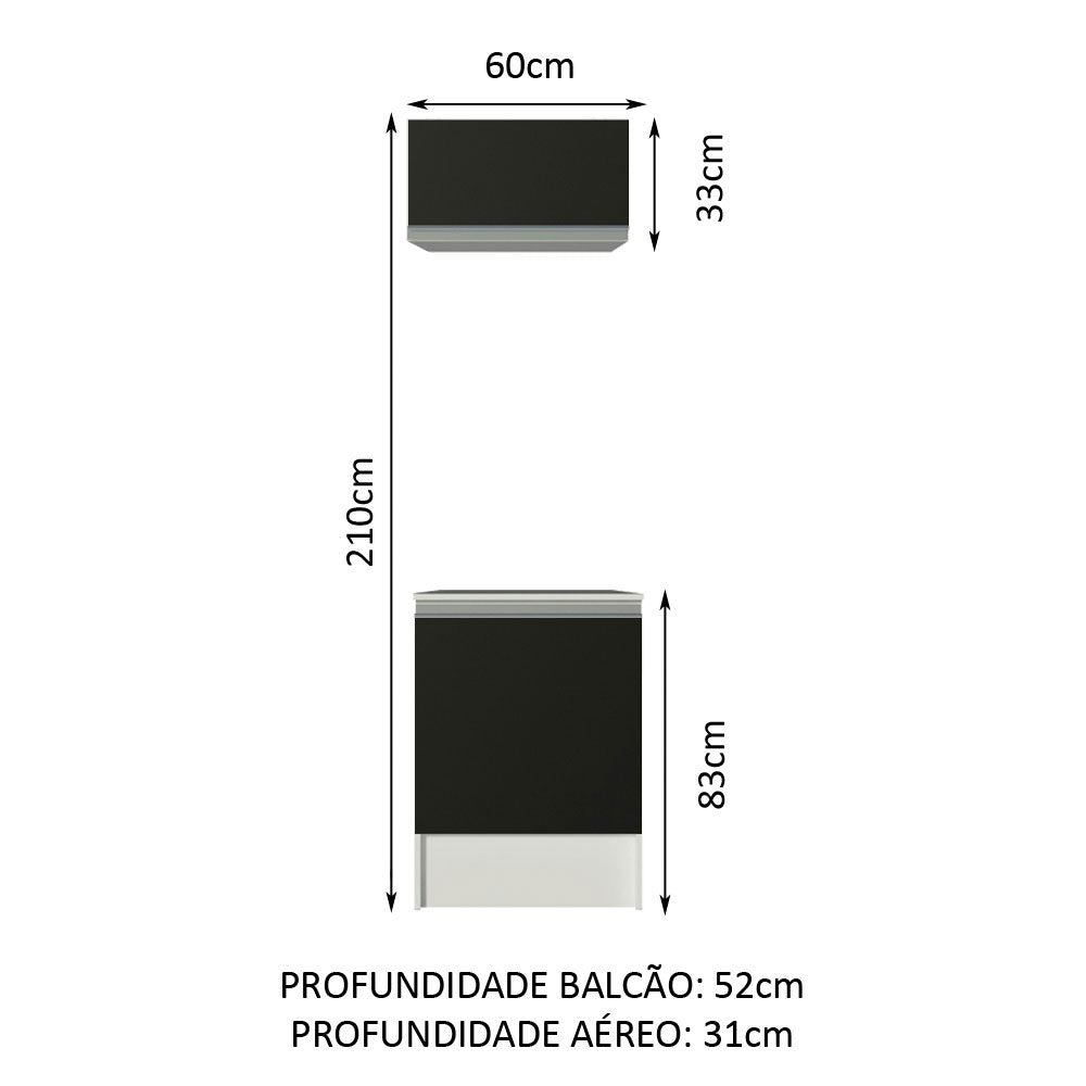 Kit Madesa Topazio 60 cm 2 Portas com Armário Aéreo e Balcão Branco/Preto
