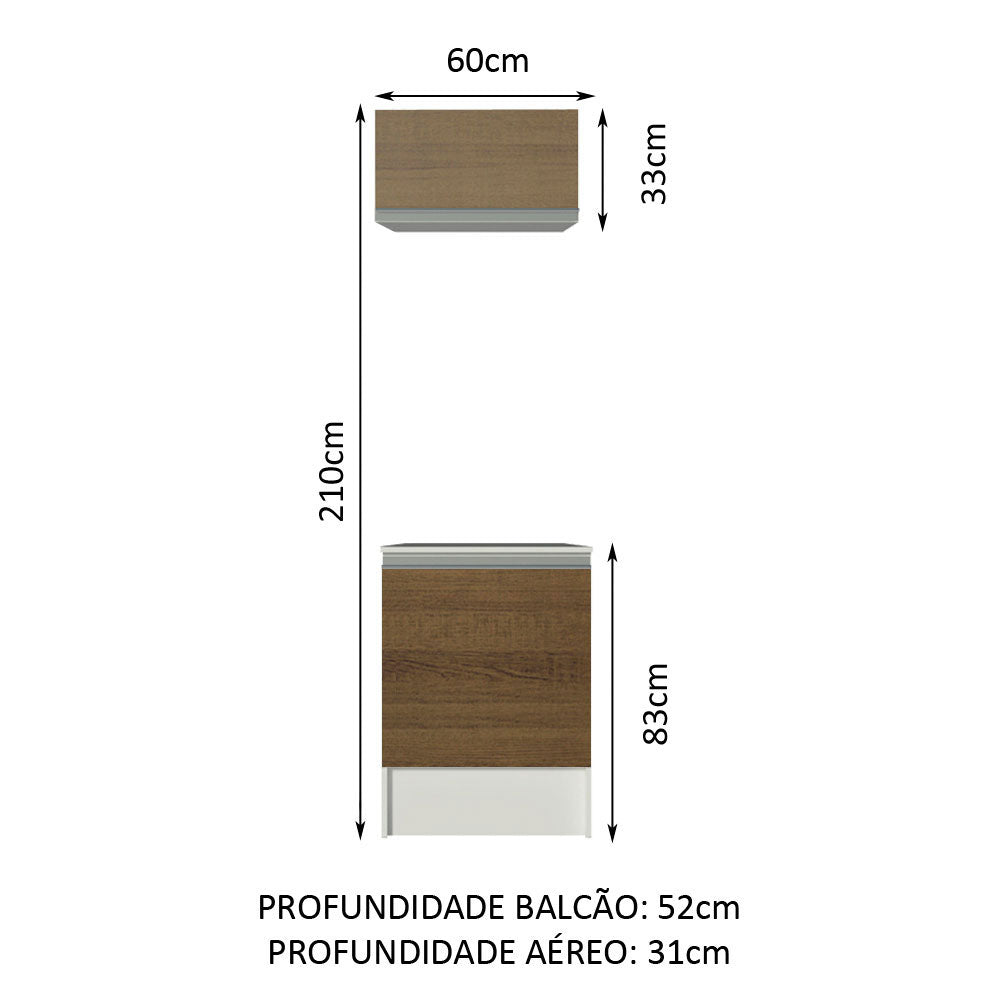 Kit Madesa Topazio 60 cm 2 Portas com Armário Aéreo e Balcão Branco/Rustic