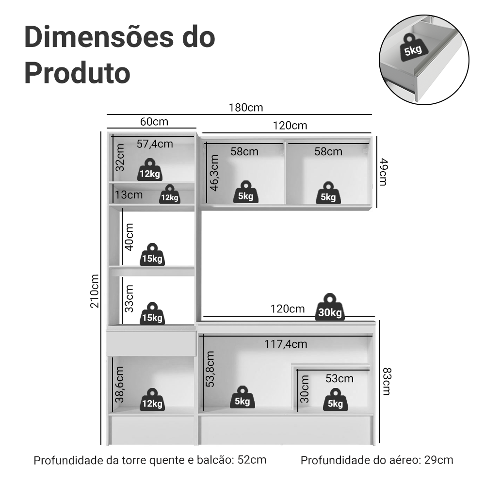 poporo　M+サイズ Armário de Cozinha Compacta com Balcão e Tampo Branco Topazio Pop