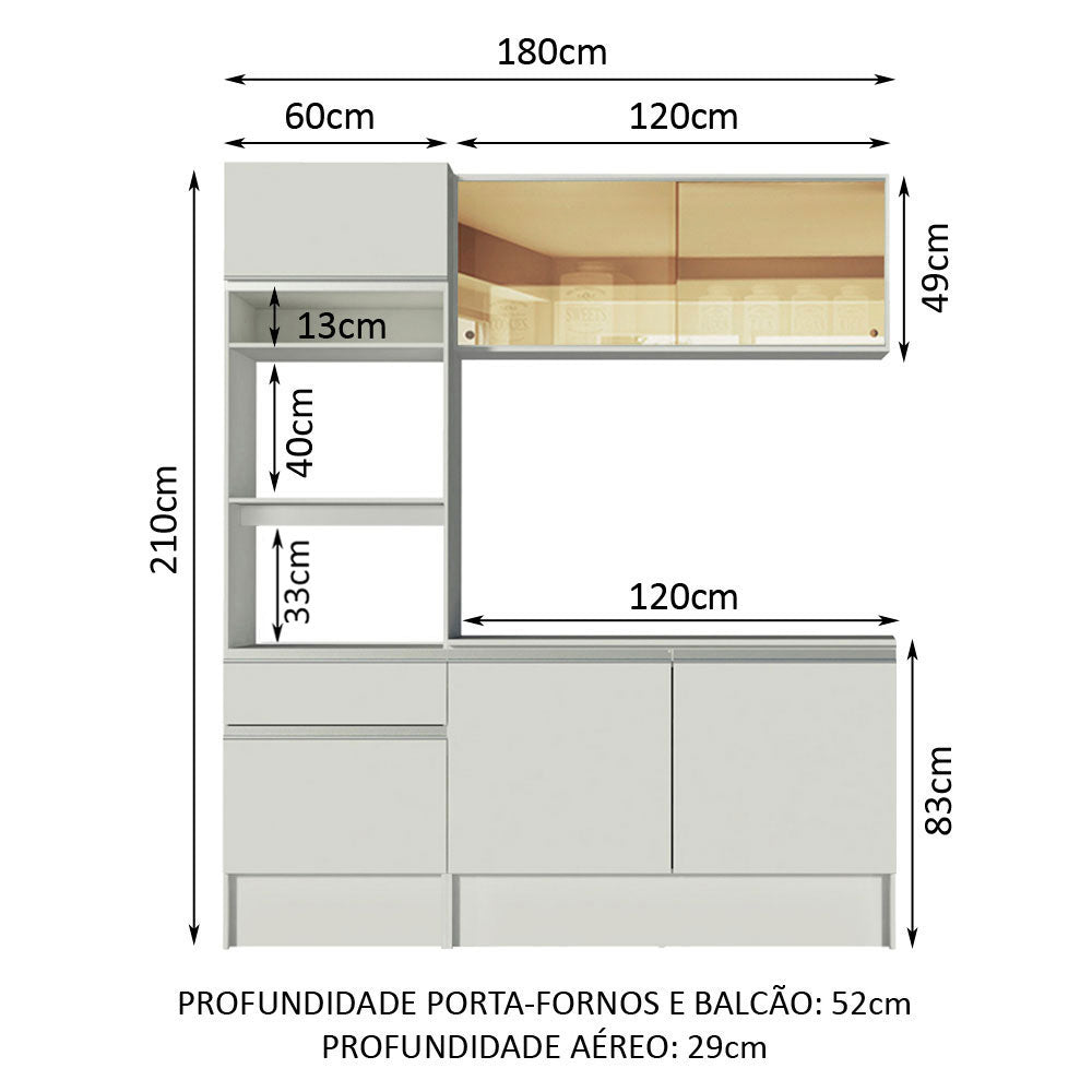 Armário de Cozinha Compacta  com Balcão e Tampo Branco Diamante Pop Madesa