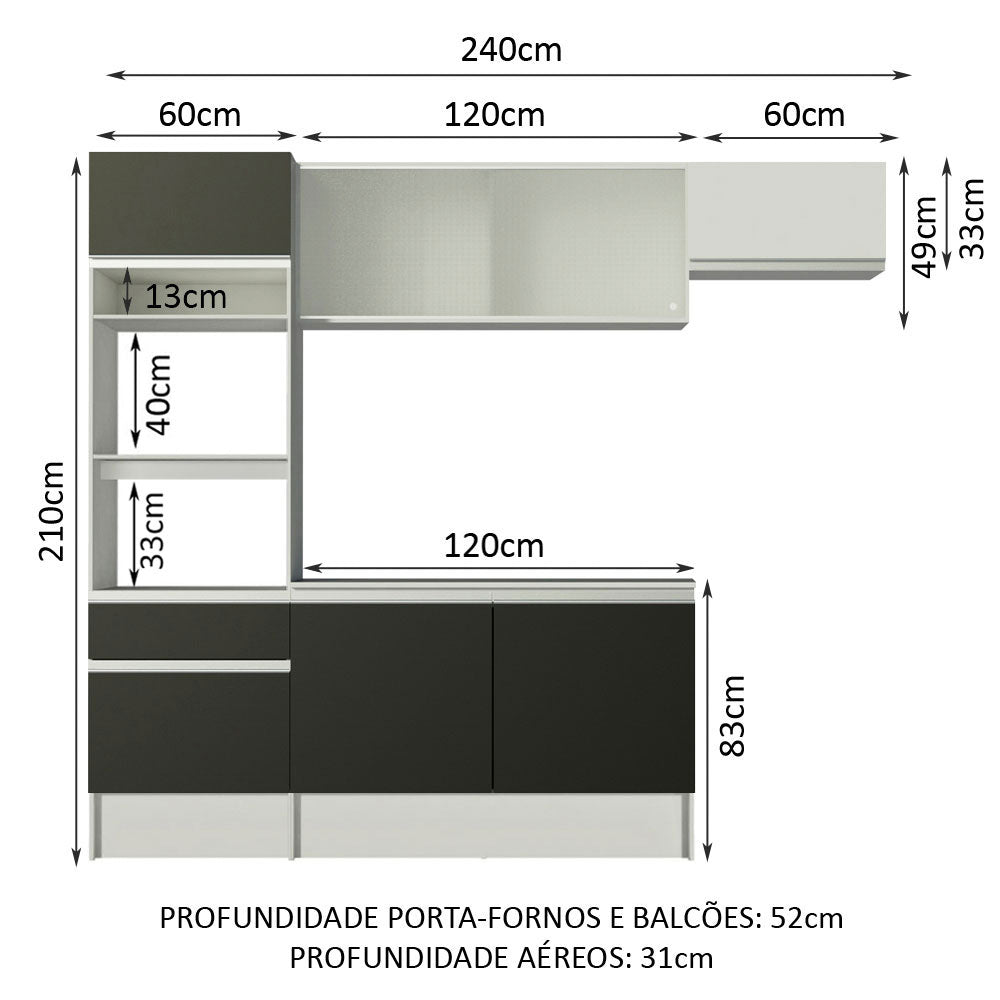 Armário de Cozinha Completa 240cm Branco/Preto/Branco Topazio Madesa 01
