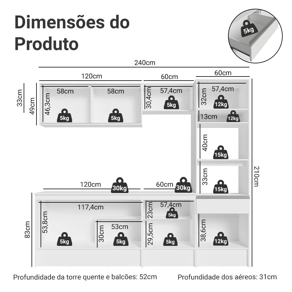 Armário de Cozinha Completa 240cm Branco Diamante Madesa 06