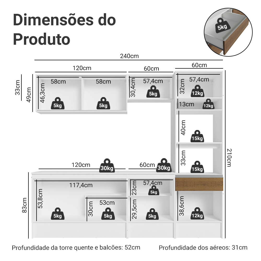 Armário de Cozinha Completa 240cm Branco/Rustic Diamante Madesa 06
